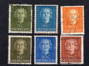 Netherlands 1949 5c to 25c Juliana, Scott 306-308, 310-312 used, value = $1.50