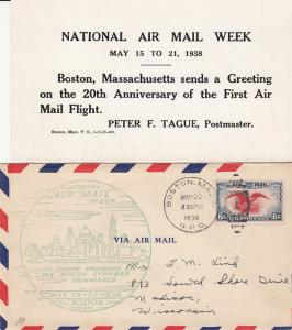 US National Airmail Week 1938 Boston w/ Cachet & Insert Card