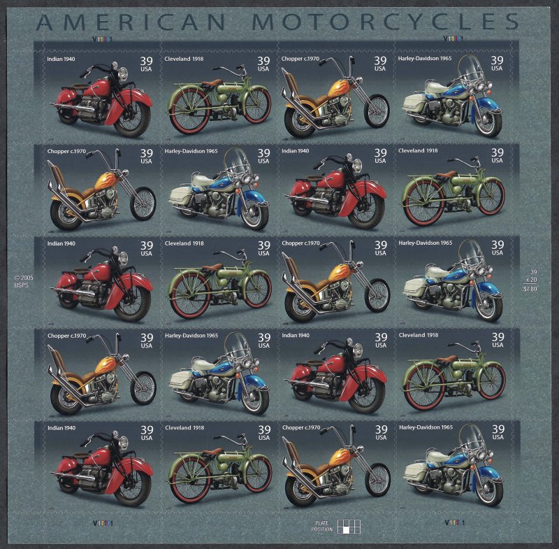 United States #4085-4088 39¢ American Motorcycles (2006).  Mini-sheet. MNH