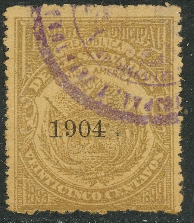 EL SALVADOR 1904 25c Municipal Revenue with SANTA TECLA Control Ross M89x VFU