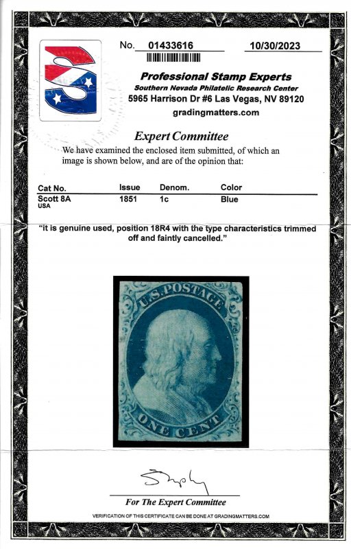 8A Used... PSE Certificate... SCV $800.00... Very faint cancel... Pretty stamp!
