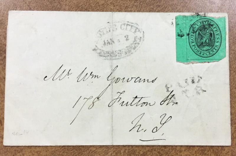 Boyd's City Express #20L8 1852  Cover  stamp tied by PAID J.T.B. Cancel