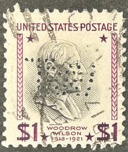 USA SC#832, 1938, $1 purple & black, Woodrow Wilson, Used, VG, Perfin