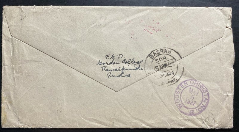 1927 Basra India First Flight Airmail cover FFC To Wooster OH USA Via Cairo