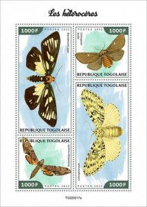 Togo - 2022 Moths, Bag-shelter Moth, Cutworm Moth - 4 Stamp Sheet - TG220217a