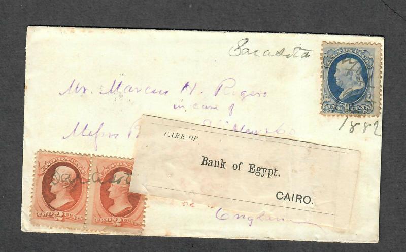 US 19th Century Sarasota FL Banknote Cover M/S Cancel-London To Egypt 1882