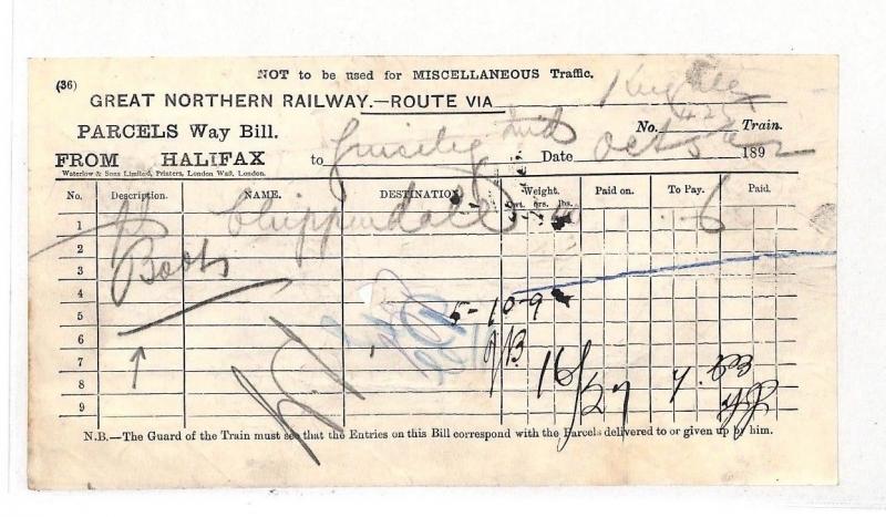 BC104 1892 GB Great Northern Railway HALIFAX Parcel Way Bill {samwells-covers} 