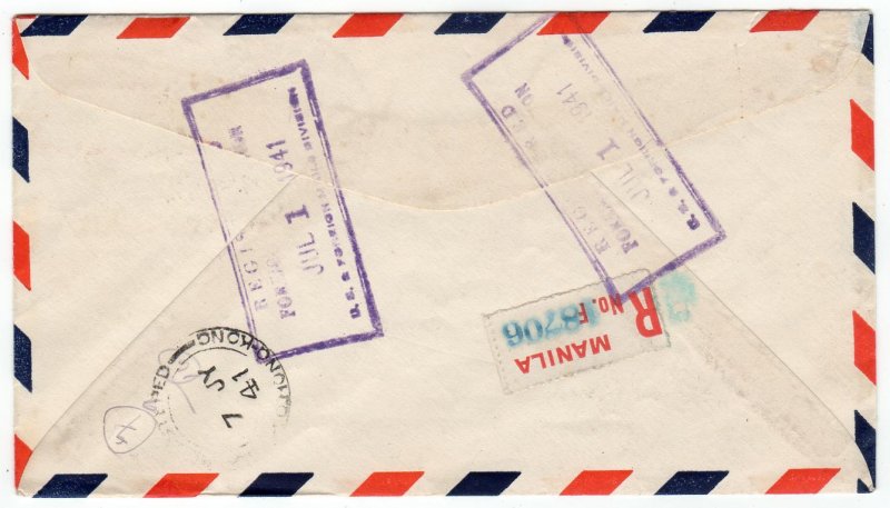 Philippine Islands 8,20,60c, 1p Airmail First Day reg. clipper to Hong Kong 1941