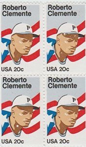 1984 Roberto Clemente Block of 4 20c Postage Stamps, Sc#2097, MNH, OG