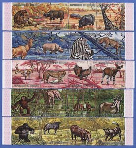 BURUNDI REPUBLIC Sc 355-59 Five Strips of 4 used VF Wild Animals