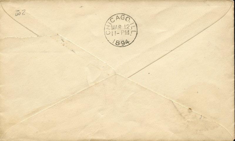 US EVANSVILLE, WI 3/10/1894 COLUMBIAN STAMPED ENVELOPE TO CHICAGO, IL 3/12