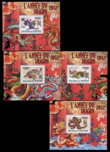 Burundi  1016-19, 1020 a-d MNH, Year of the Dragon Souvenir Sheets from 2011.