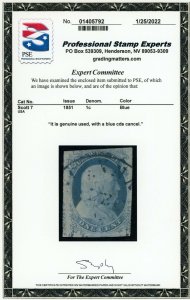 US Stamp #7 Washington 1c - PSE Cert - Used - CV $140.00 