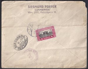 AUSTRIA US JUDAICA 1920 SIEGMUND POPPER COVER FRANKED 4kr VIENNA TO NY