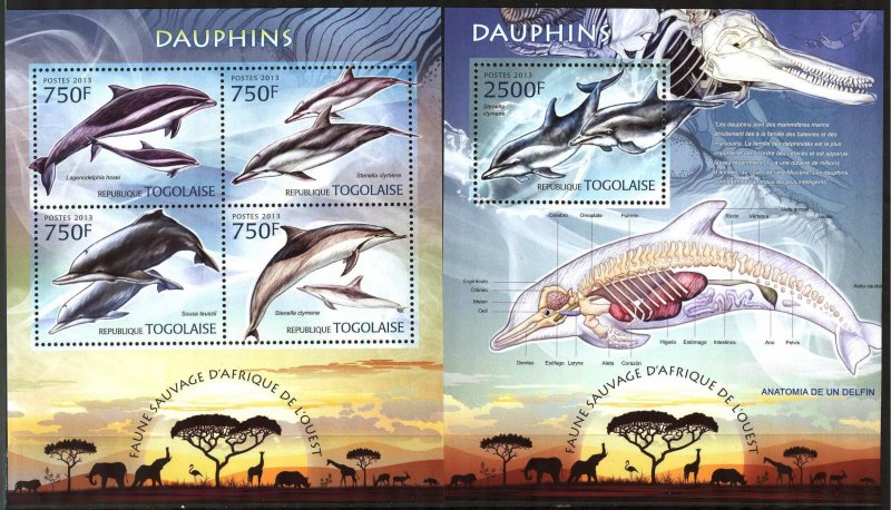 Togo 2013 Marine Life Dolphins (2) Sheet + S/S MNH