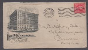 **US 20th Century Adv Cover, Charleston, WV 2/26/1916, Hotel Kanawha