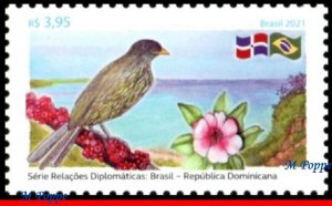 21-03 BRAZIL 2021 DIPLOMATIC REL. DOMINICAN REPUBLIC, BIRDS, FLOWERS, BEACH, MNH