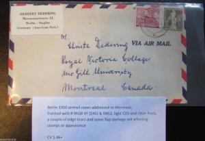 SUPERFLEAS Berlin 1950 airmail cover addressed to Montreal  #9N38 & 9N52