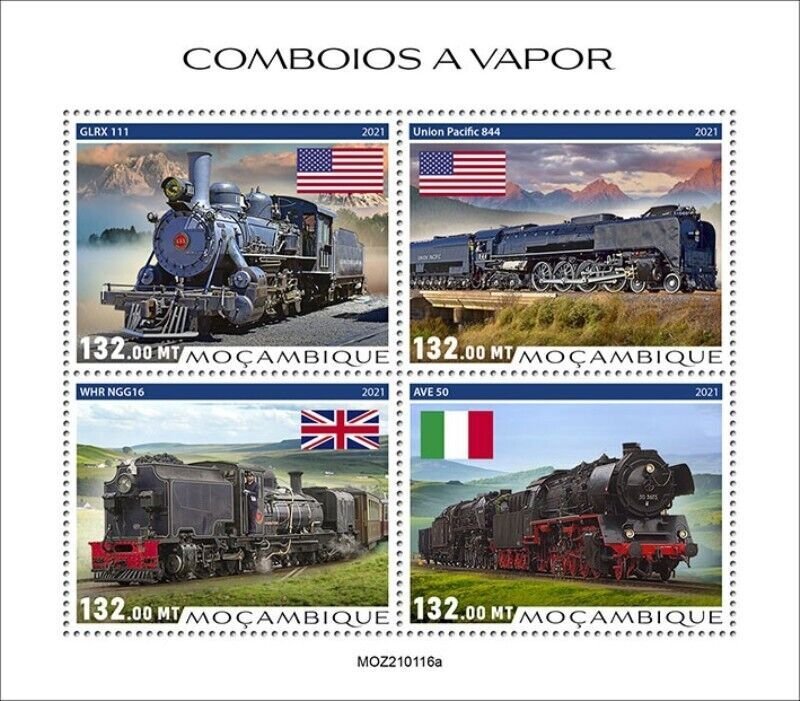 Mozambique - 2021 Steam Trains and Flags - 4 Stamp Sheet - MOZ210116a