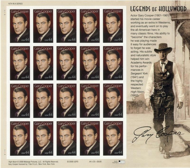 US: 2009 GARY COOPER - LEGENDS OF HOLLYWOOD; Sheet Sc 4421; 44 Cents Values