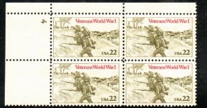 1985 Veterans World War I Plate Block of 4 22c Postage Stamps, Sc# 2154, MNH, OG