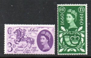 Great Britain Sc 375-376 1960 300th Anniversary Post Office stamp set mint NH