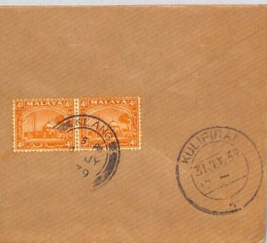 Malaya SELANGOR Cover *Klang* 1939 INDIA Kulipirai Pudukattah {samwells}ZD263