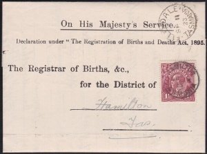 TASMANIA 1923 Birth notice ELLENDALE cds to Hamilton T perfin GV 1½d.......B1776