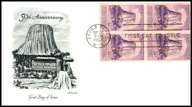 US 1084 Devils Tower Block of Four Artmaster Pencil FDC