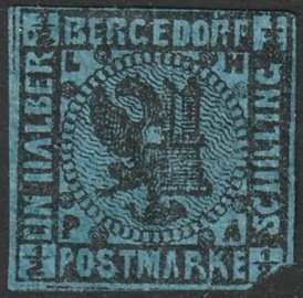 Bergedorf 1861 Sc 1 MH* reprint partial gum thins/damaged corner