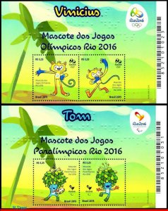 3319 3320 BRAZIL 2015 MASCOTS OLYMPIC AND PARALYMPIC GAMES, RIO 2016, 2 S/S MNH