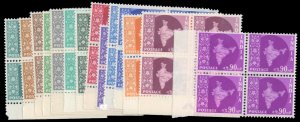 India #275-288 Cat$152.60, 1957-58 Map of India, complete set in blocks of fo...