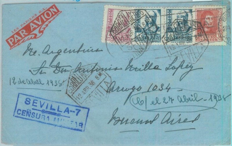 89013 - SPAIN - POSTAL HISTORY - Guerra Civil - CENSORED Cover to Argentina 1938