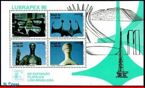 2285b BRAZIL 1990 LUBRAPEX, SCULPTURES, ART, PHILATELY, MI# B85 RHM B-87 S/S MNH