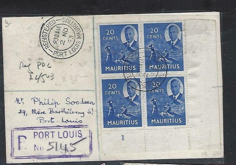 MAURITIUS COVER (P1311B)1953 KGVI 20C PLATE BL 4 #1 ON PPC, REG LOCAL