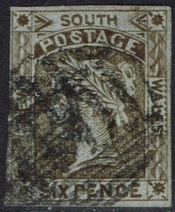 NEW SOUTH WALES 1852 QV LAUREATE 6D USED