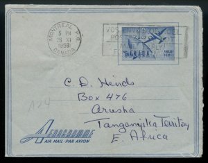 ?Scarce 10 cent AIR LETTER to TANGANYIKA 1959   Canada