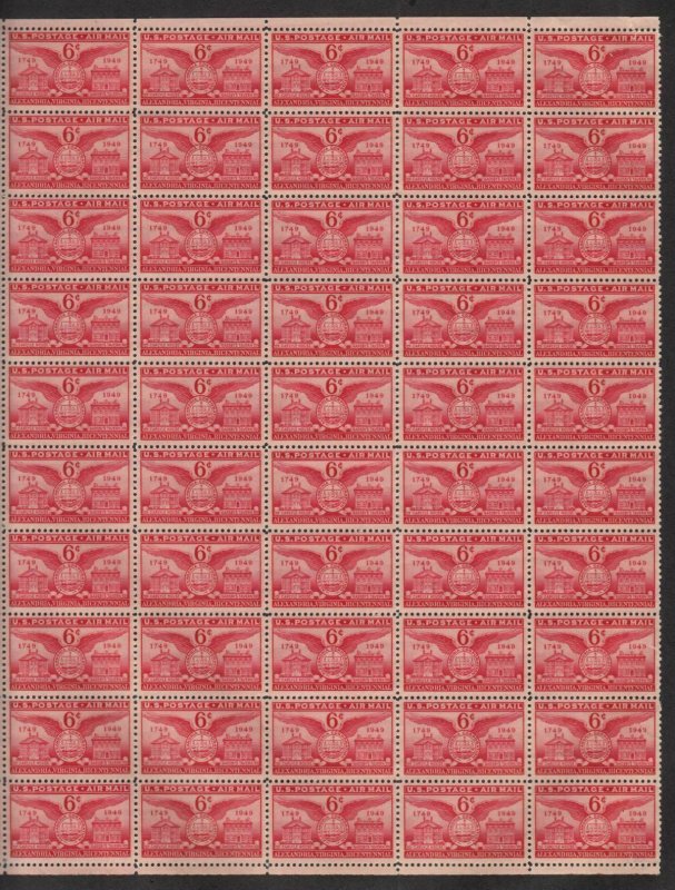 1949 Alexandria VA Bicentennial MNH Sc C40 airmail 6c fresh sheet of 50 selv flt