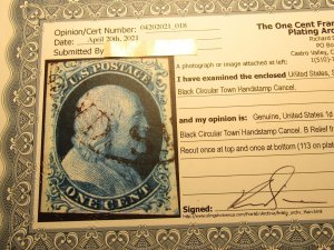 US Stamps, Scott # 9 used, Black Town Cancel, with Certificate, Type IV 1851,