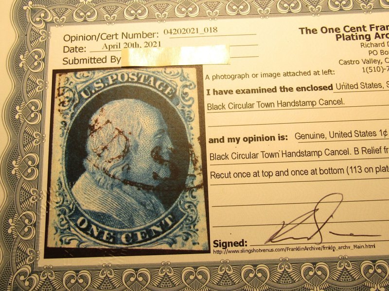 US Stamps, Scott # 9 used, Black Town Cancel, with Certificate, Type IV 1851,