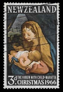 New Zealand #379 Used; 3p Christmas - Virgin Mary with child Jesus (1966)