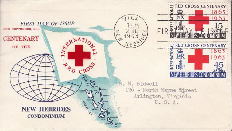 New Hebrides 1963 Red Cross Centenary FDC Typed Address Color Cachet VF