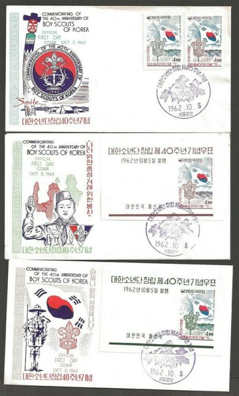 1962 Korea Boy Scout 40th anniv set & SS on FDCs (3)