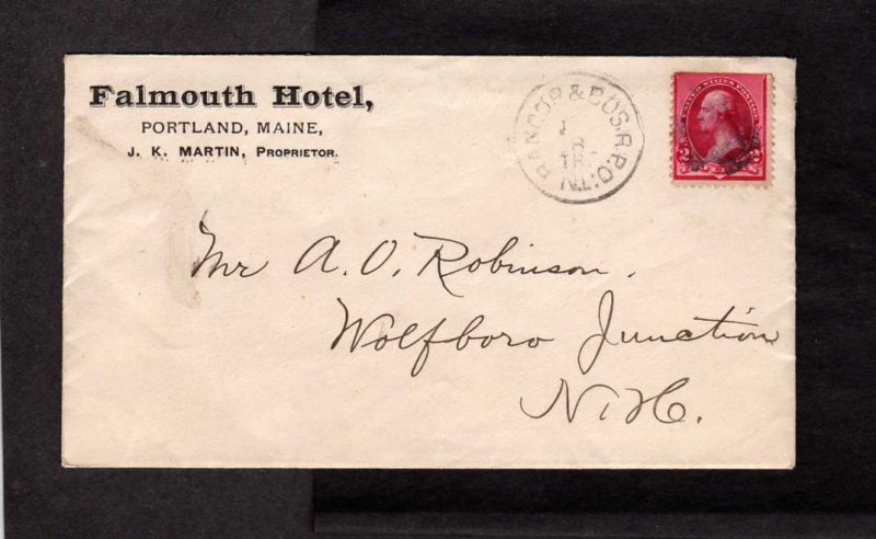 ME Falmouth Hotel Portland Maine Stamp Cover RPO Wolfeboro J NH New Hampshire