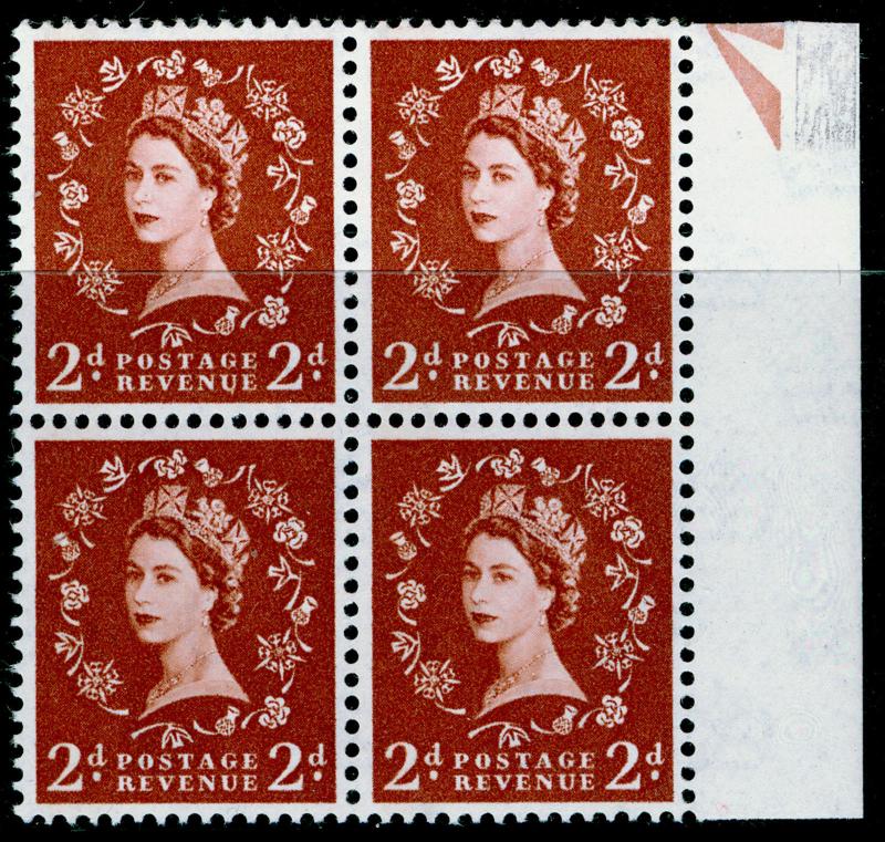 SG613, 2d light red-brown (1 BAND), NH MINT. Cat £72. BLOCK OF 4.