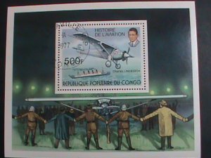 CONGO STAMP:1977 HISTORY OF AVIATION- CHARLES LINDBERGH CTO S/S SHEET