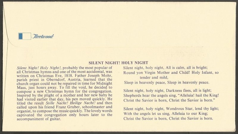 US FDC.CAROLS.1975 CHRISTMAS STAMP-GHIRLANDAIO.SILENT NIGHT! HOLY NIGHT!