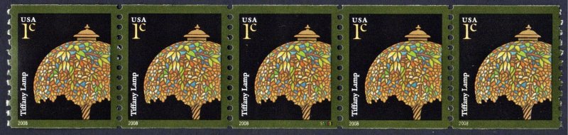 SC#3758A 1¢ Tiffany Lamp Plate Strip of Five: #S11111 (2008) MNH