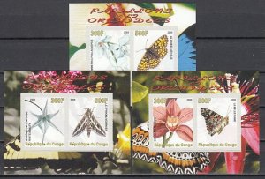 Congo Rep., 2008 issue. Butterflies & Orchids on 3 IMPERF s/sheets.