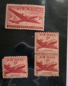 US 1946-8 5c Airmail 2 singles and one Line Pair MNH OG C32, C33, C37